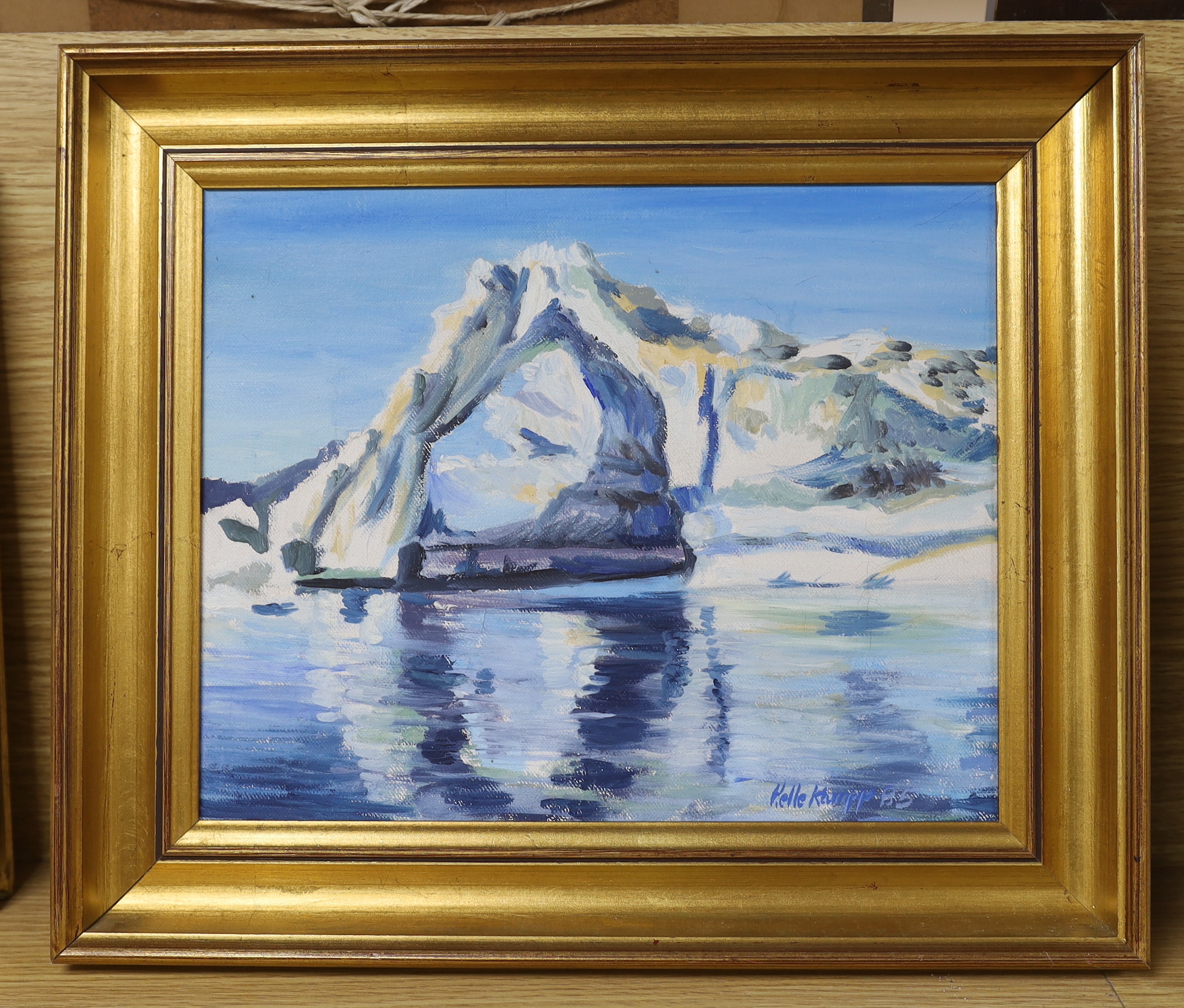 Oil on canvas, Greenland ice arch, indistinctly signed and dated '85, inscribed postcard verso, 23 x 29cm